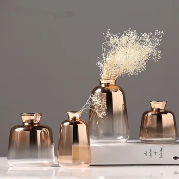 Скандинавская позолоченная стеклянная ваза для украшения дома, поделки, Золотая бутылка, Прозрачные вазы для цветов, домашние вазы для украшения