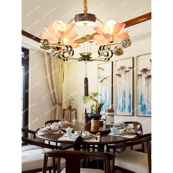 Современная китайская люстра Lotus для гостиной и чайной столовой, Винтажный буддийский зал, лампы в китайском стиле дзен, люстры