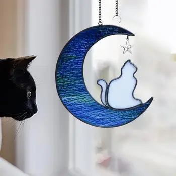 Украшение для подвешивания кошки в помещении Очаровательное украшение для подвешивания кошки из витражного стекла Дизайн Луны Звезды Элегантный Декор стен в помещении и на улице