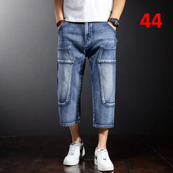 Уличная одежда, синие мужские джинсовые летние джинсы длиной до икр, мужские модные короткие брюки, большие размеры 40-44, Мешковатые штаны