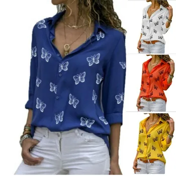 Элегантная блузка, шифоновые рубашки 2023, весна/лето, принт бабочки, Свободный лацкан, офисная женская рубашка, топ S-5XL
